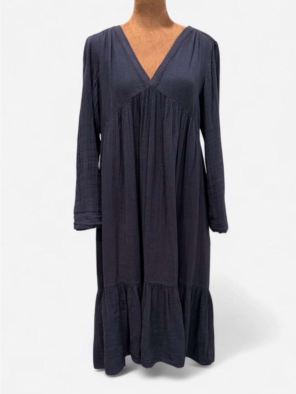 XíRENA Ella North Star Navy Cotton Gauze Tiered Midi Boho Coastal Dress S